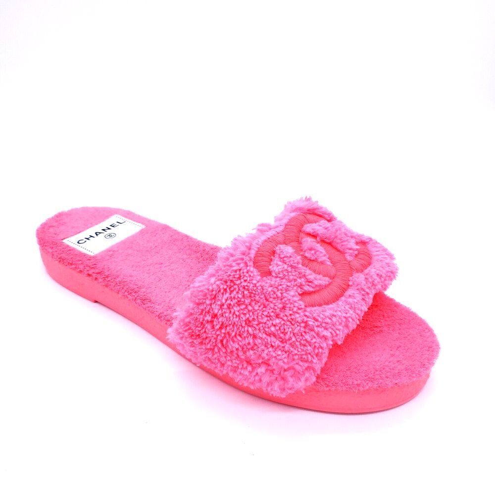 CHANEL  Terry CC Flat Mules Sandals 39 Pink